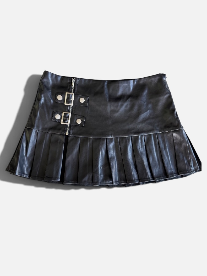 Fashion Nova Black Faux Leather Pleated Mini Skirt With Buckle Accents Medium